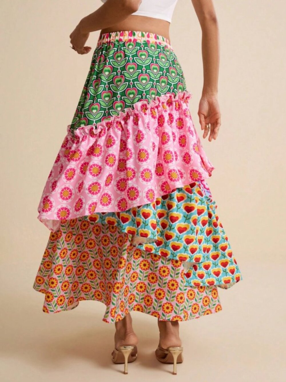 Pink Mixed Floral Tiered Ruffle Maxi Skirt - Picture 2 of 6